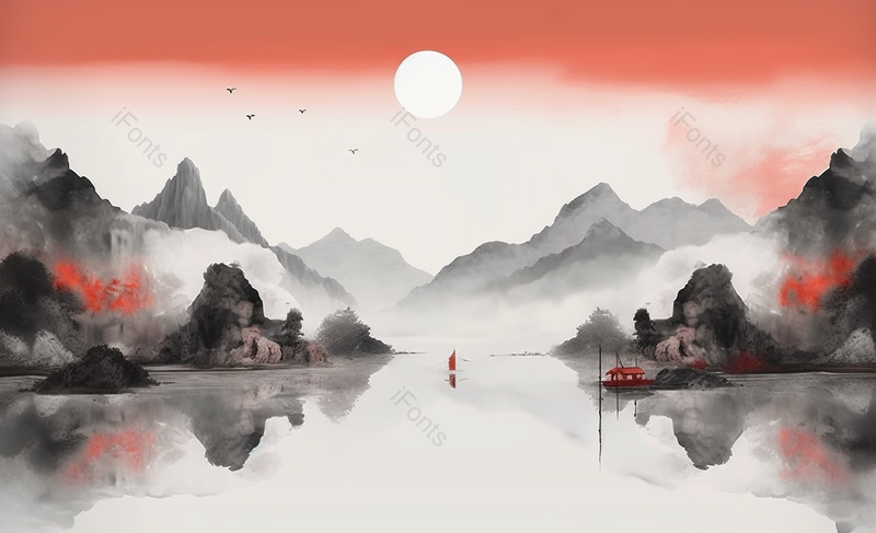中国风国风新中式彩色水墨山水画太阳和红色的小船平静的湖面小船客船远处山峰云雾背景插画,插画/手绘图,插画/手绘图库,插画/手绘图下载,插画/手绘